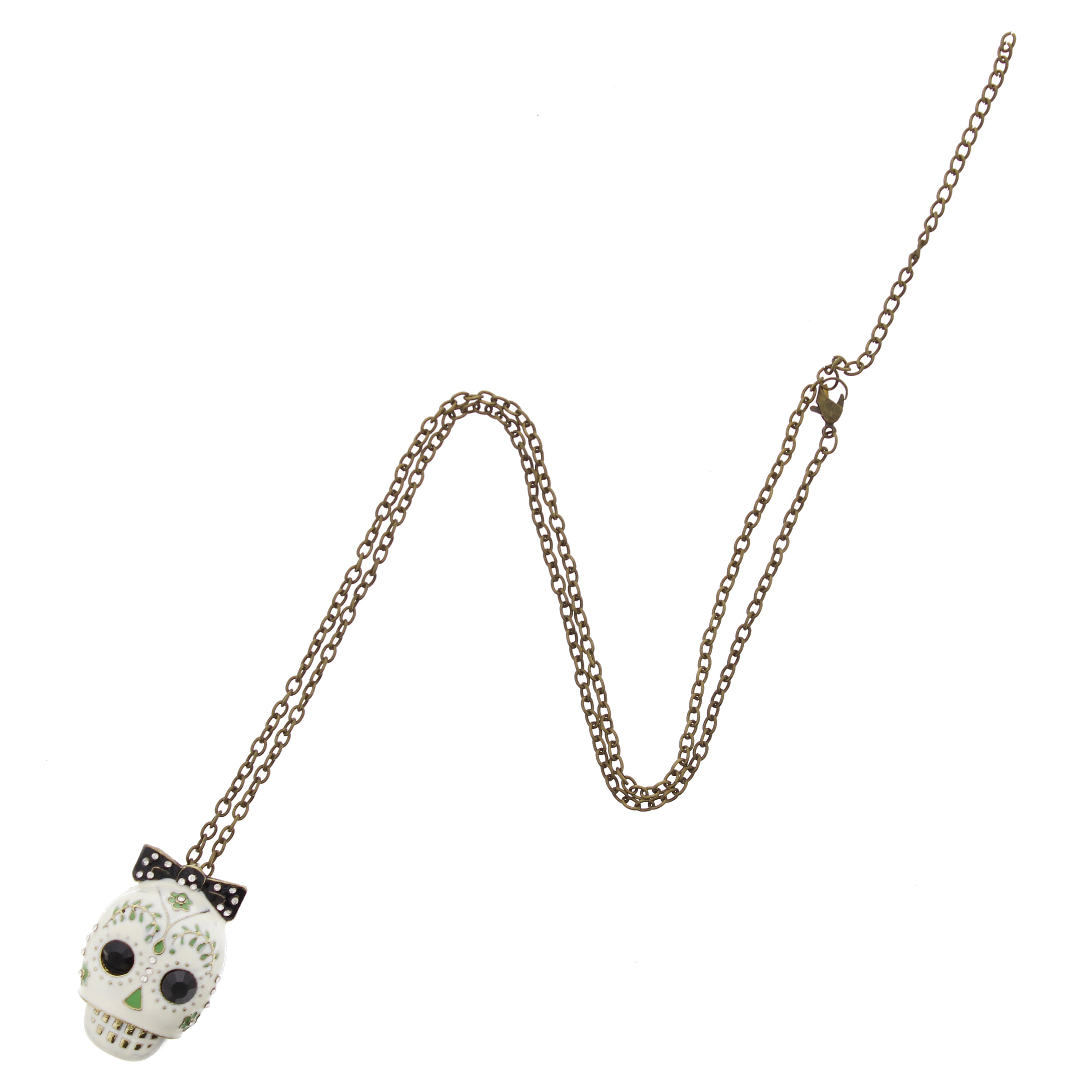 White Sugar Skull with Bow  Gold Chain Necklace