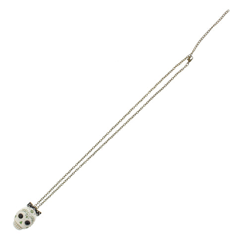 White Sugar Skull with Bow Necklace On Burnished Gold Chain