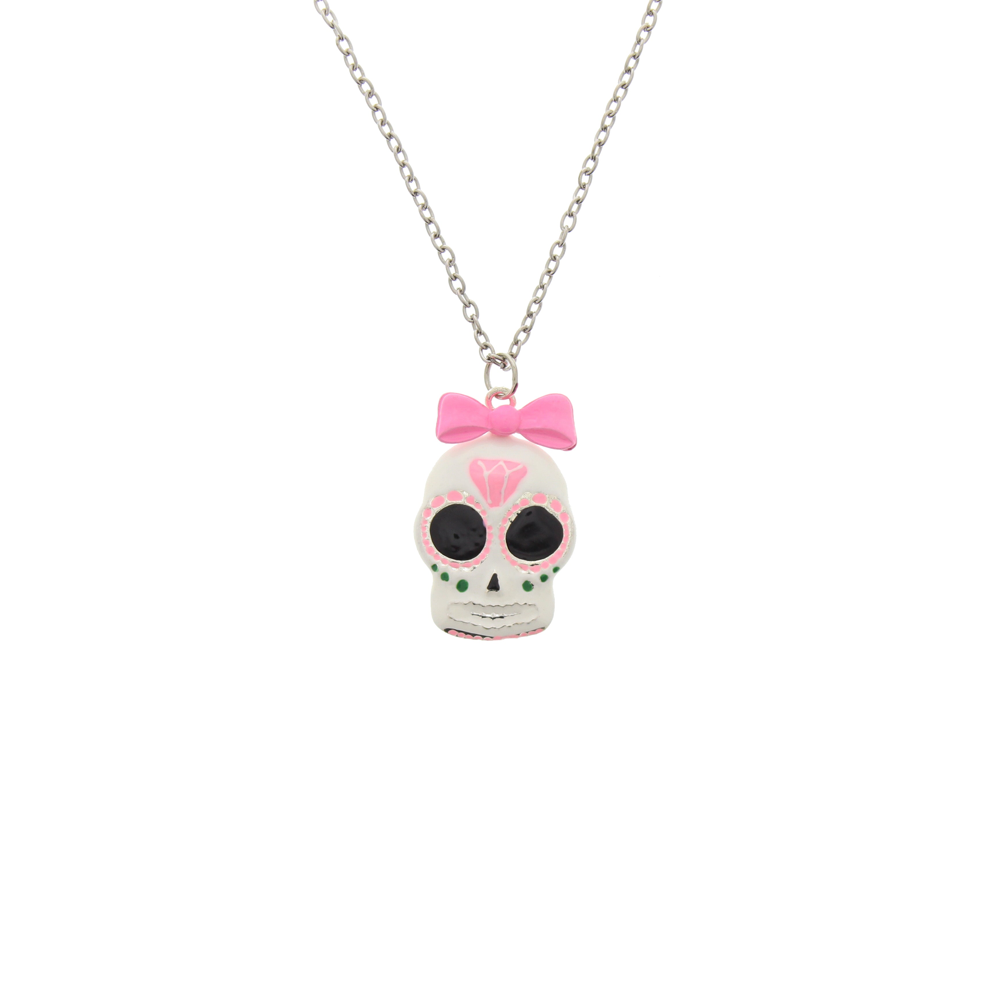 Sugar Skull with Pink Bow Necklace