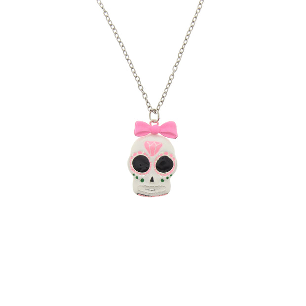 Sugar Skull with Pink Bow Necklace