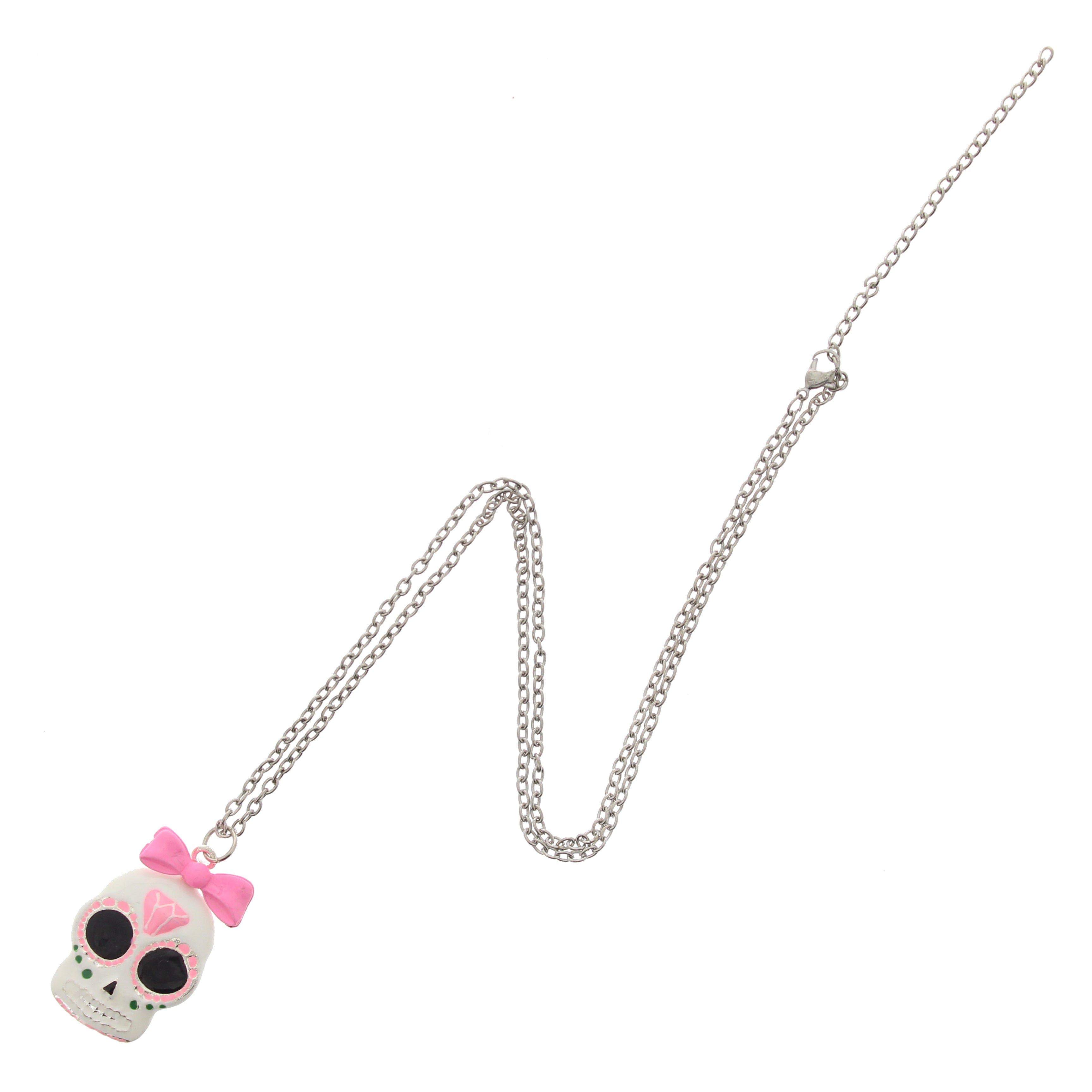Sugar Skull with Pink Bow Necklace