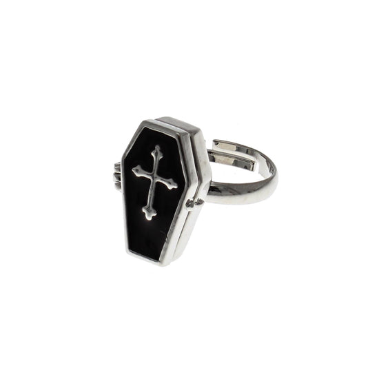 Adjustable Cross Engraved Black Coffin Ring
