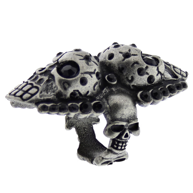 Assorted Sizes Burnished Silver Multi Skull Knuckle Ring with Black Gem Stones