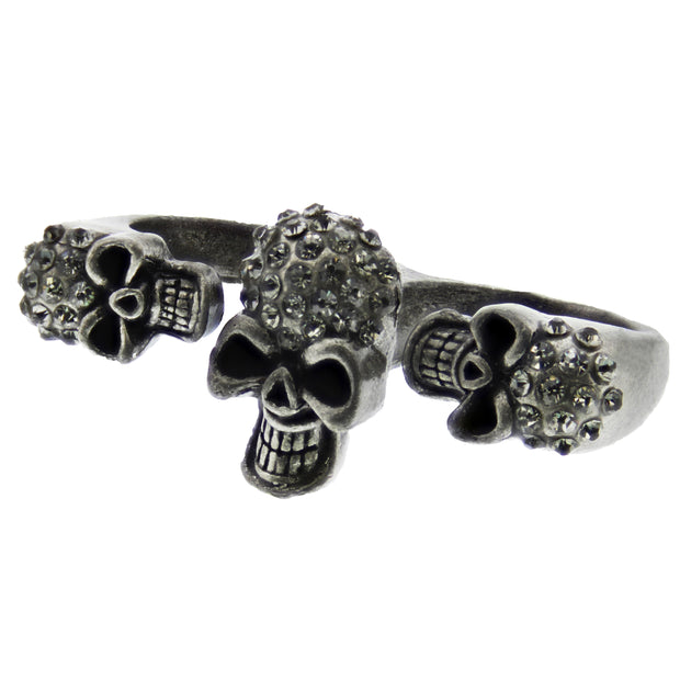 Assorted Sizes Burnished Silver Crazy Laughing Skull Double Ring with Diamante Stones