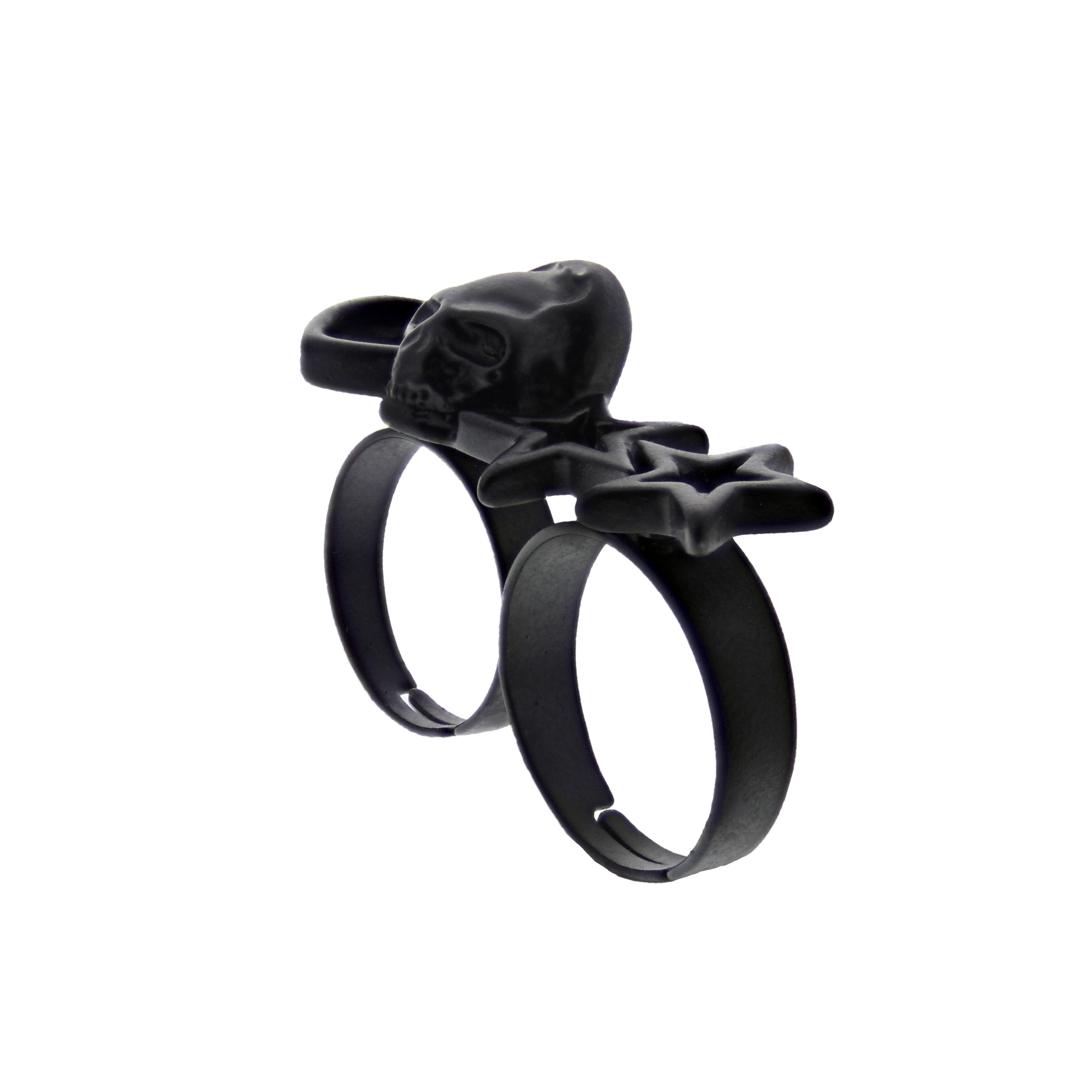 Black Skull Double Ring with Heart & 2 Stars