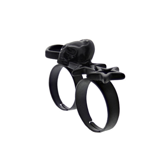 Black Skull Double Ring with Heart & 2 Stars