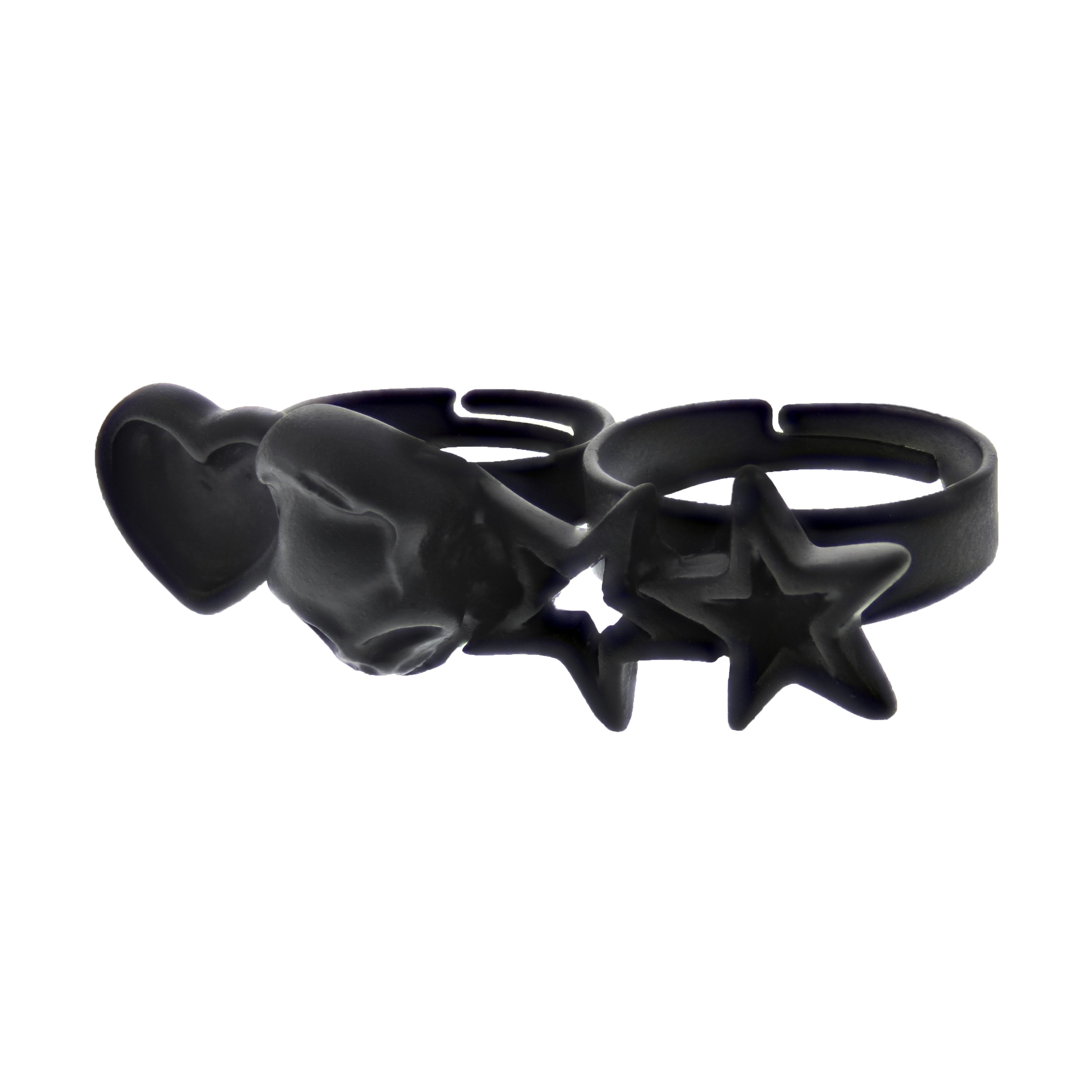 Black Skull Double Ring with Heart & 2 Stars