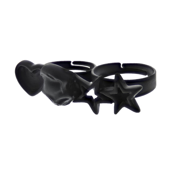Black Skull Double Ring with Heart & 2 Stars