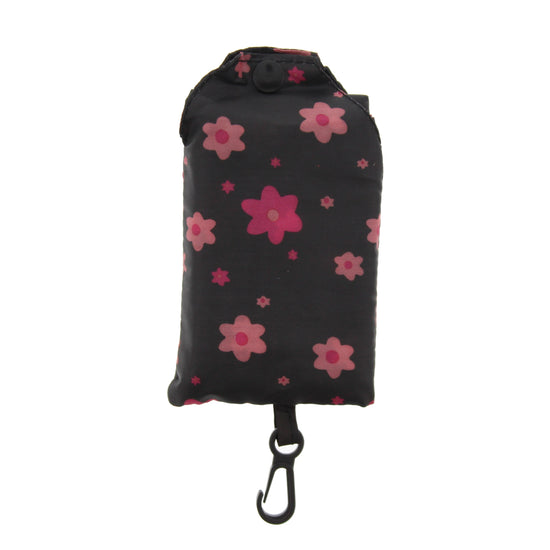 Floral Print Black Shopping Bag in Pocket Pouch