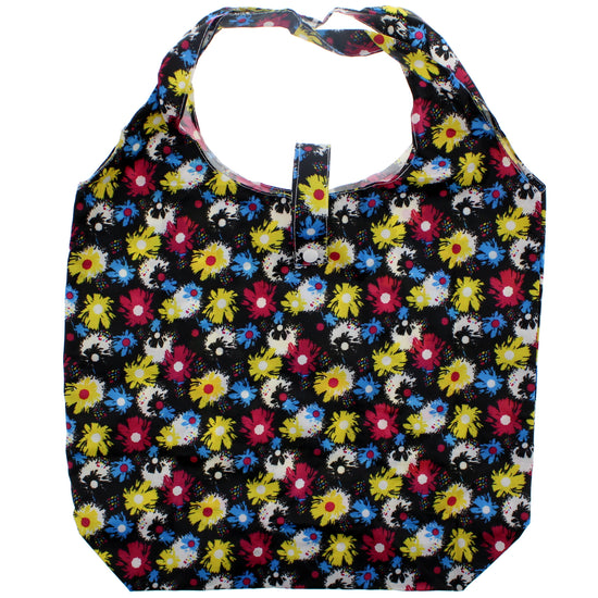 Heavy Duty Floral Print Black Shopping Bag in Pocket Pouch