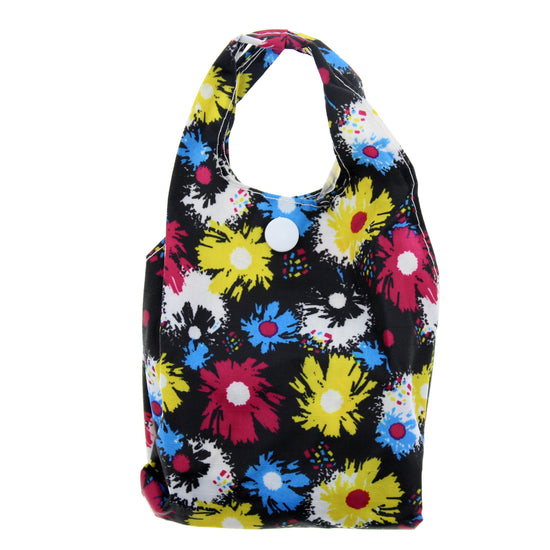 Heavy Duty Floral Print Black Shopping Bag in Pocket Pouch