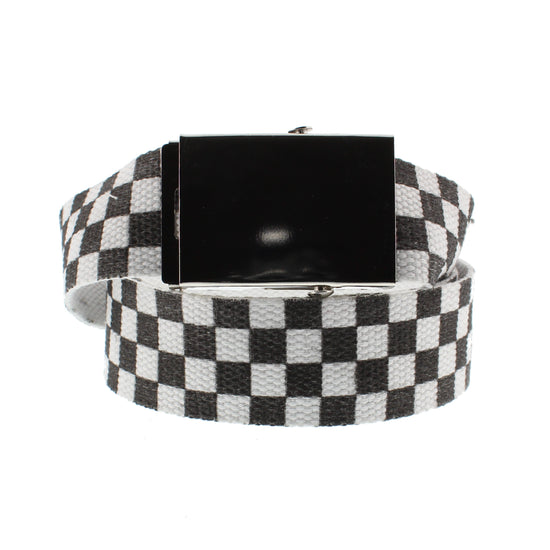 Black & White Checkered Canvas Webbing Belt with Slider Buckle