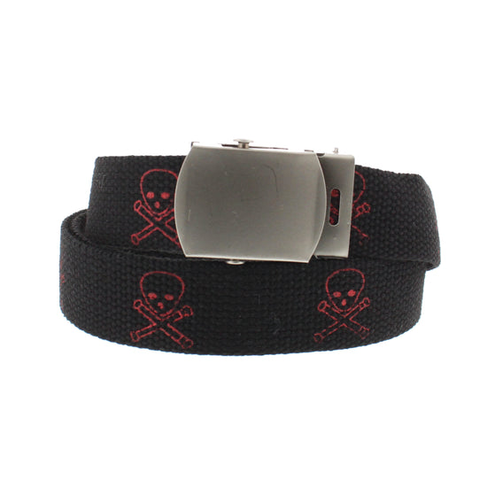 Skull & Crossbones Canvas Webbing Belt with Slider Buckle