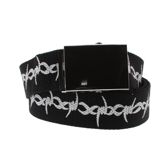 Barbed Wire Canvas Webbing Belt with Shiny Silver Slider Buckle (Length - 120cm, Width - 3.8cm)