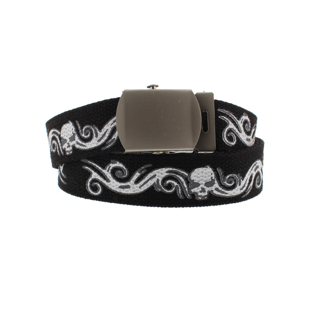 Skull & Smoke Canvas Webbing Belt with Shiny Silver Slider Buckle (Length - 120cm, Width - 3cm)