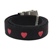 Heart Print Canvas Webbing Belt with Shiny Silver Slider Buckle (Length - 120cm, Width - 3cm)