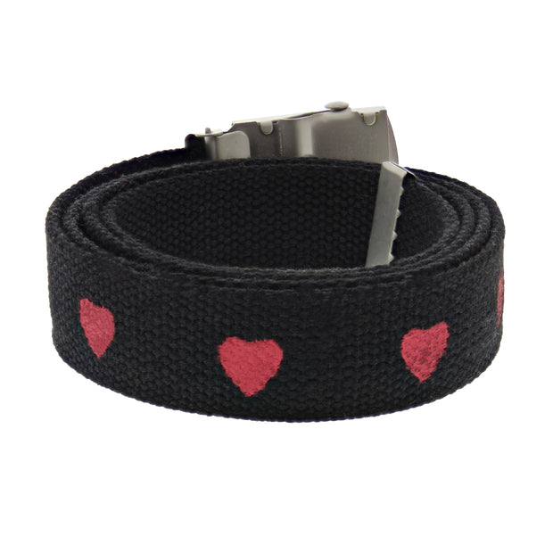 Heart Print Canvas Webbing Belt with Shiny Silver Slider Buckle (Length - 120cm, Width - 3cm)