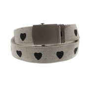 Heart Print Canvas Webbing Belt with Shiny Silver Slider Buckle (Length - 120cm, Width - 3cm)