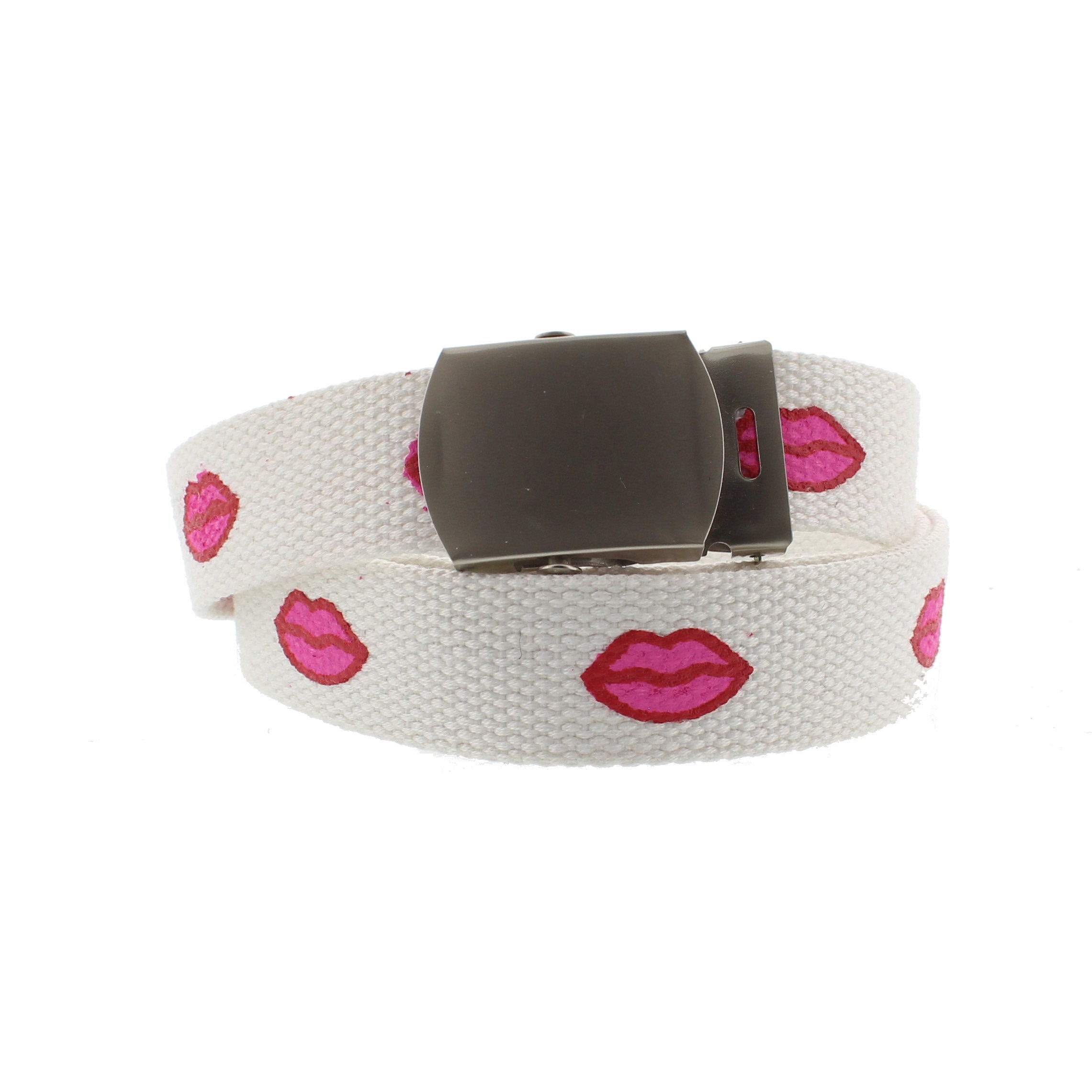 Pink Lips Print Canvas Webbing Belt with Slider Buckle