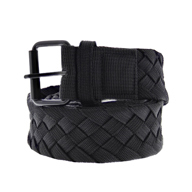 Adjustable Black Woven Belt with Matt Black Roller Buckle