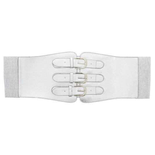 12cm Silver Elasticated PU Triple Buckle Belt