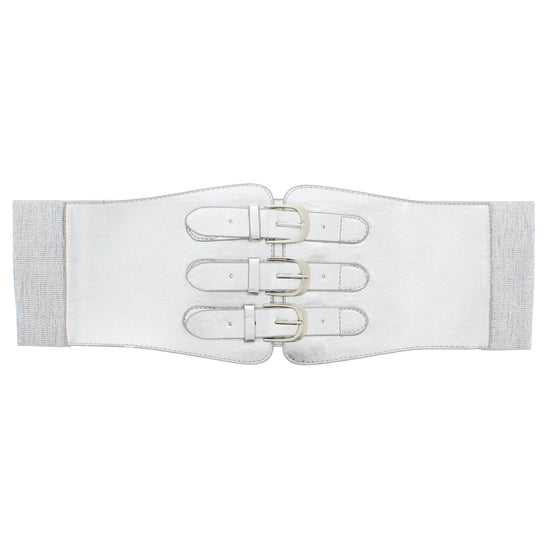 Silver Elasticated PU Triple Buckle Belt
