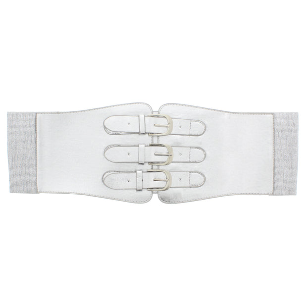 12cm Silver Elasticated PU Triple Buckle Belt