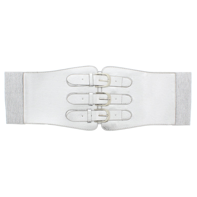 12cm Silver Elasticated PU Triple Buckle Belt