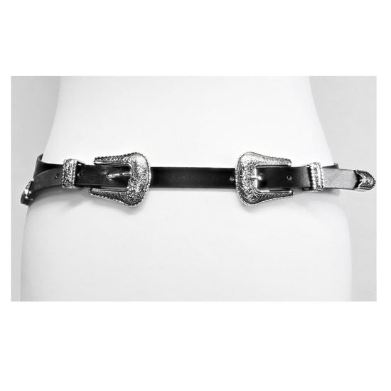 Skinny Western Style Belt with Patterned Silver Buckle