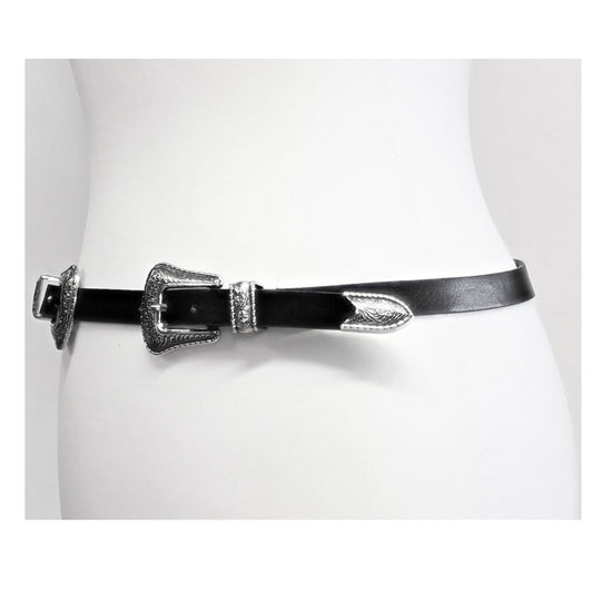 Skinny Western Style Belt with Patterned Silver Buckle