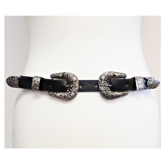Western Style Belt with Patterned Silver Buckle