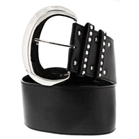 Wide PU Belt with Large Silver Buckle & Studded Holes