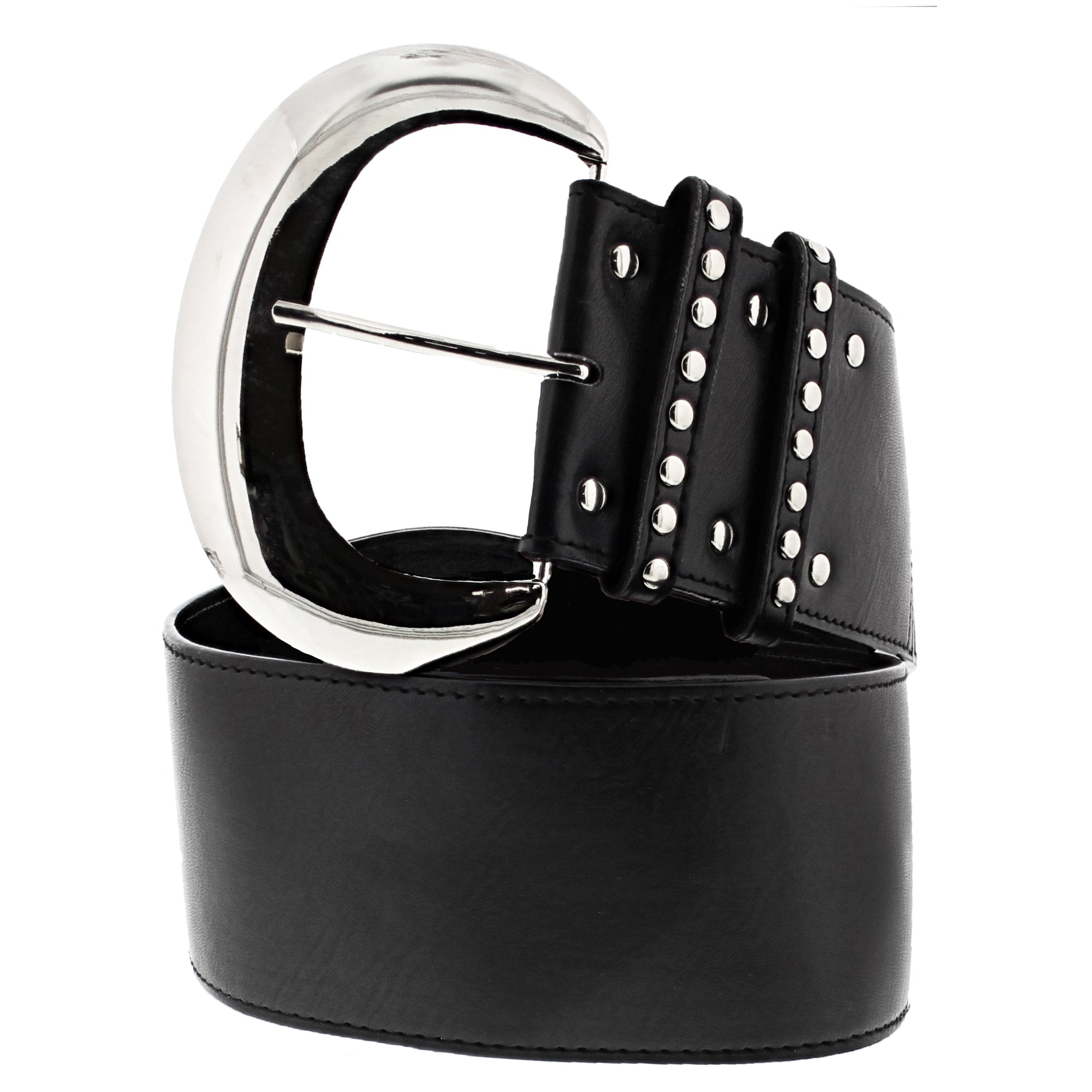 Wide PU Belt with Large Silver Buckle & Studded Holes