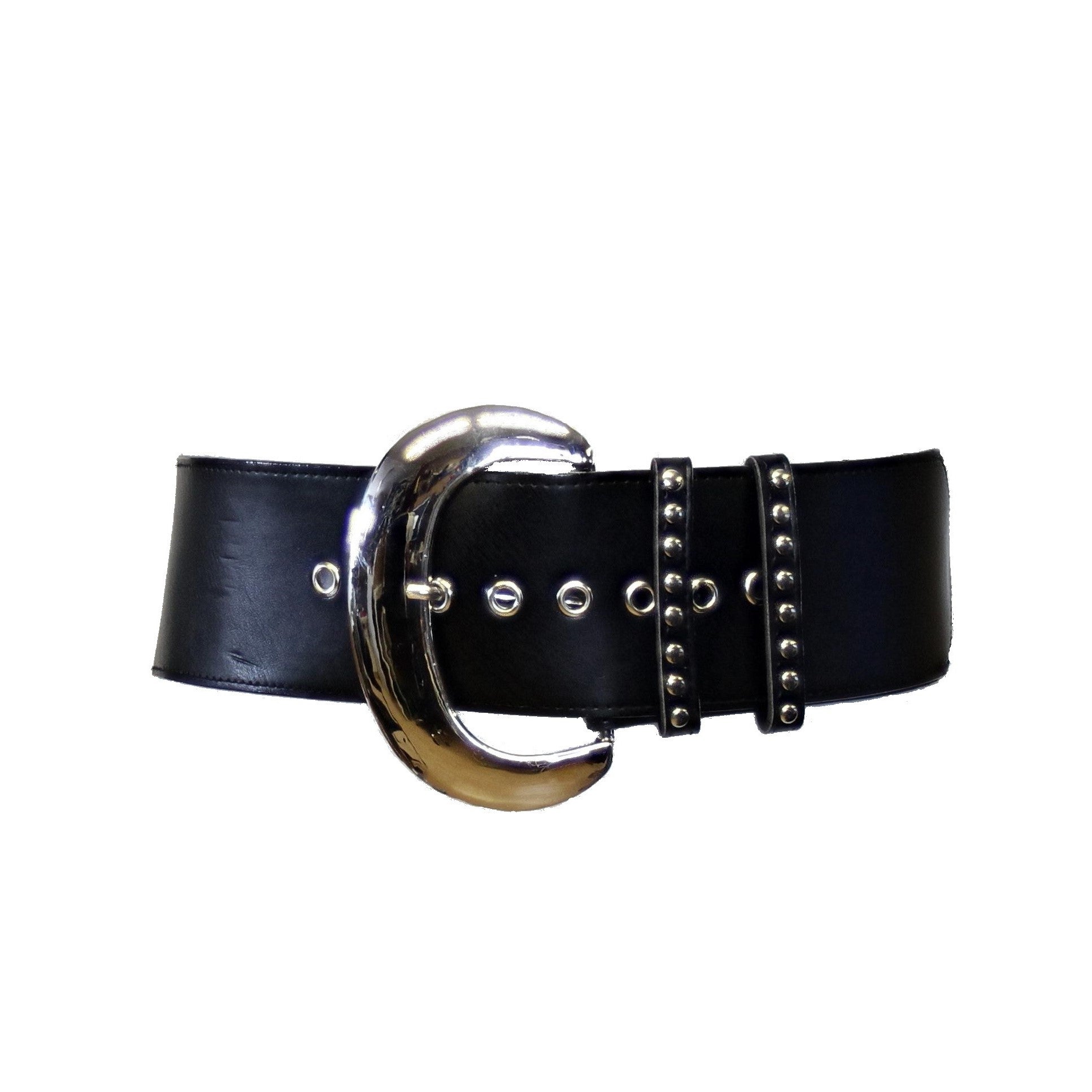 Wide PU Belt with Large Silver Buckle & Studded Holes
