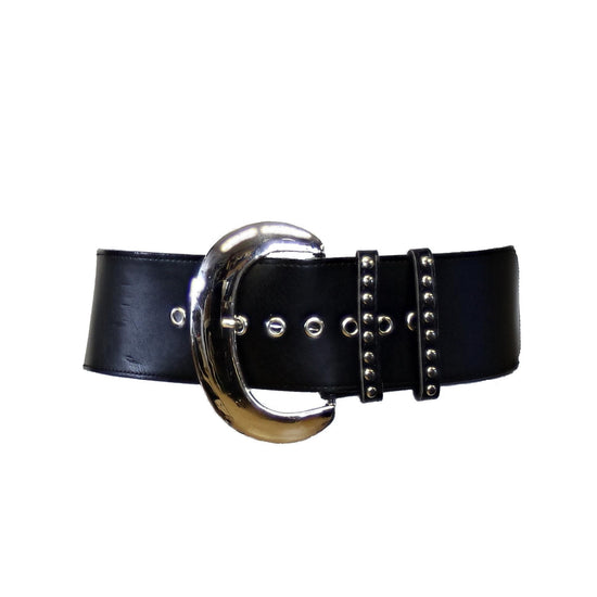 Wide PU Belt with Large Silver Buckle & Studded Holes