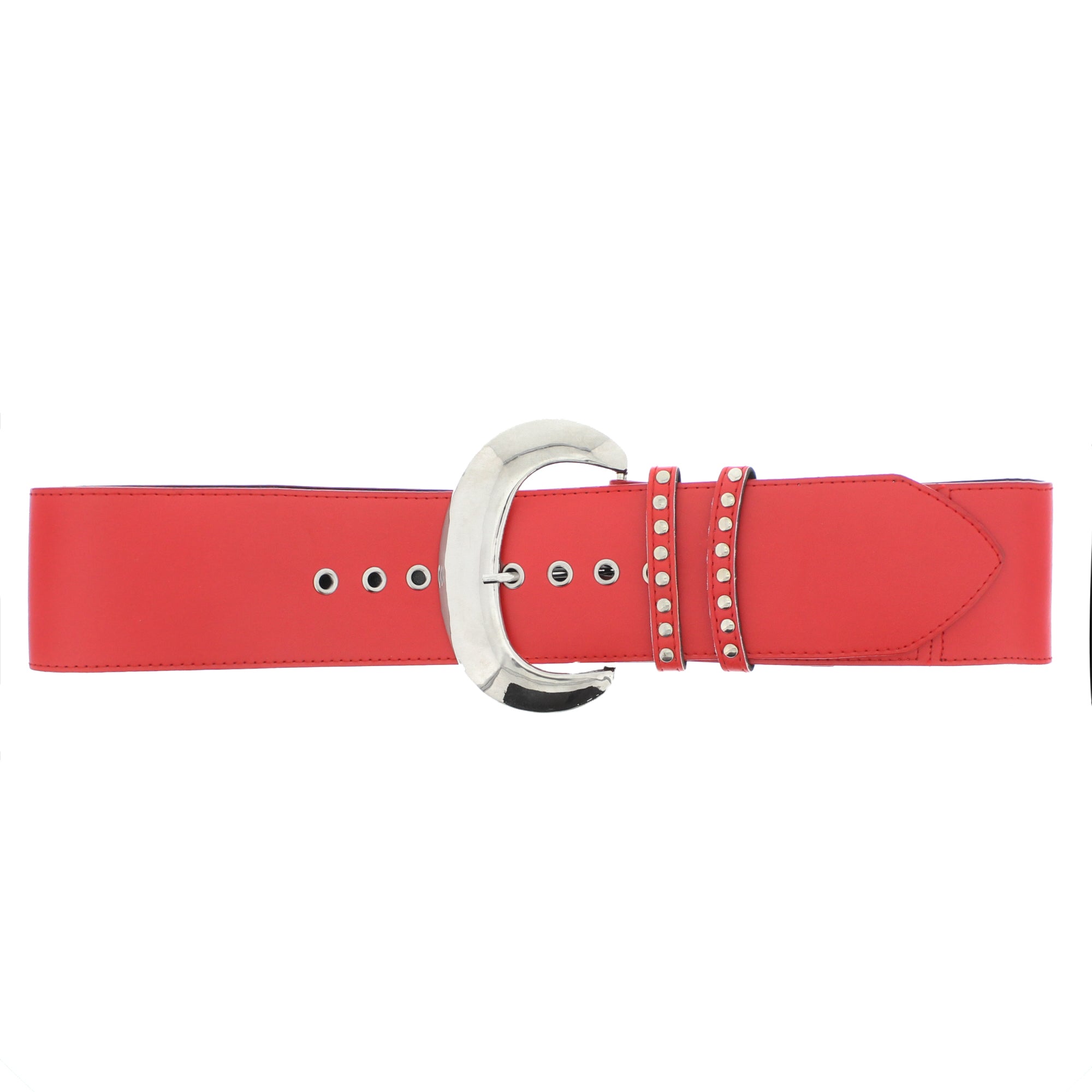 Wide PU Belt with Large Silver Buckle & Studded Holes