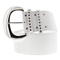 Wide PU Belt with Large Silver Buckle & Studded Holes