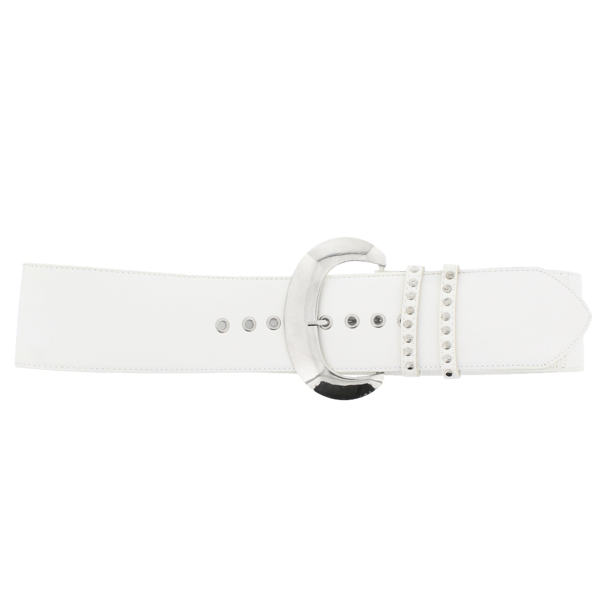 Wide PU Belt with Large Silver Buckle & Studded Holes