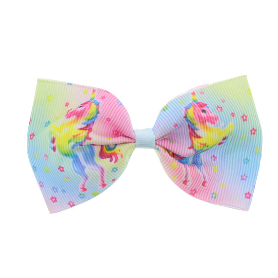 Pastel Rainbow Jojo Style Ribbon Bows with Unicorn Print