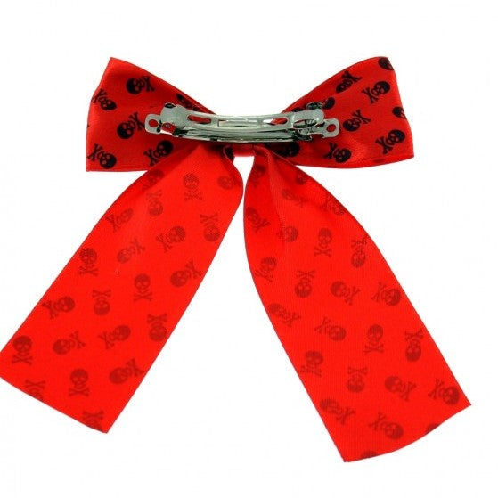 Skull & Crossbones Print Satin Bow Clip