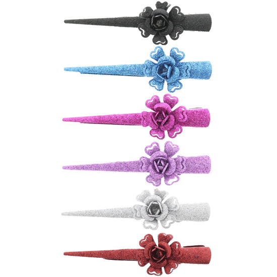 Assorted Colour Glitter Beak/ Concord Hair Clips with Roses