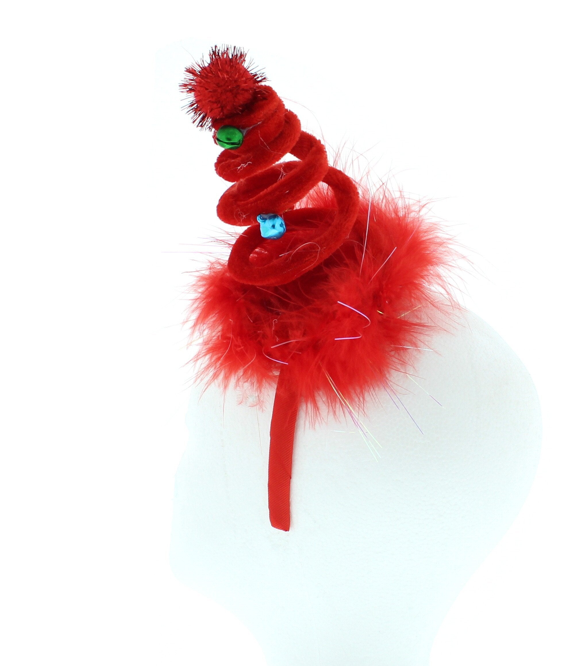 Spiral Hat Headband with Baubles, Tinsel Fur & Tinsel Pom