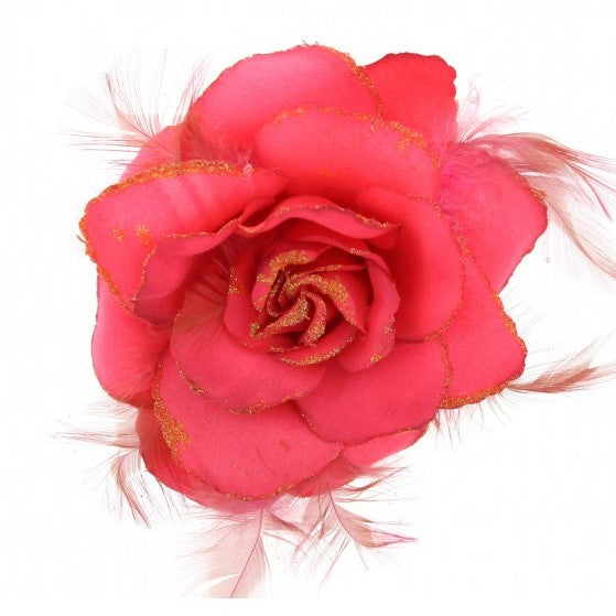 Rose with Glitter & Feather on Elastic & Clip