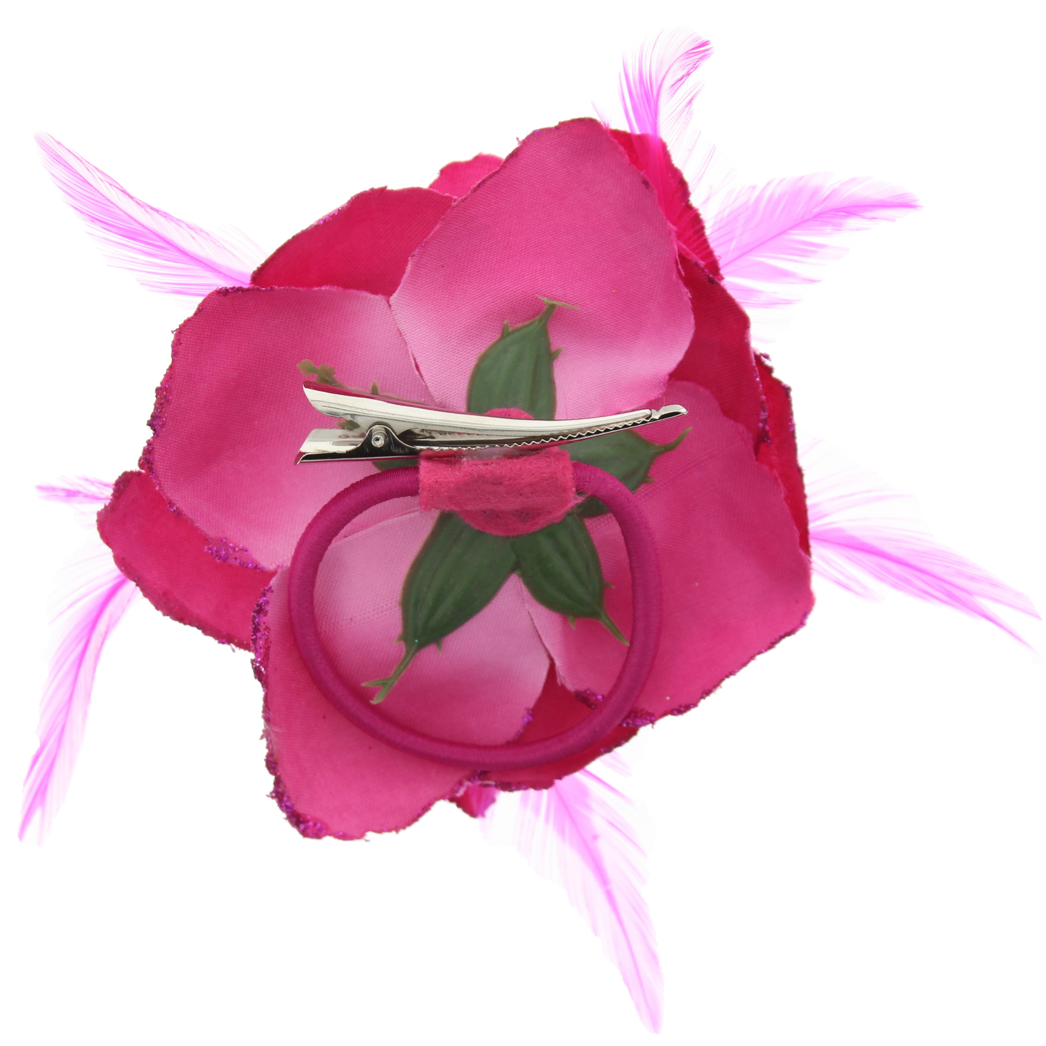 Rose with Glitter & Feather on Elastic & Hair Clip