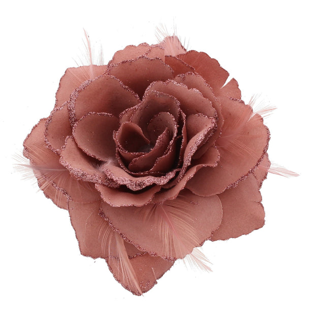 Glitter Hair Rose with Feathers on Concord Clip, Elastic & Brooch Pin