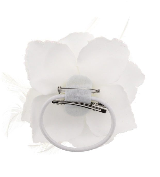 Glitter Hair Rose with Feathers on Concord Clip, Elastic & Brooch Pin