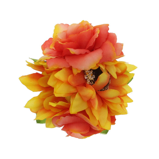 Orange Shaded Summer Themed Multi Hair Flower - 2 Sunflowers & 2 Roses
