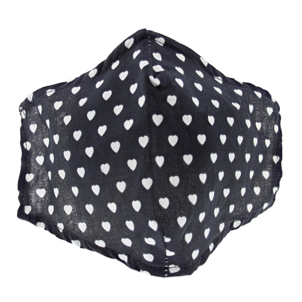 Black with White Hearts Print Cotton Face Mask