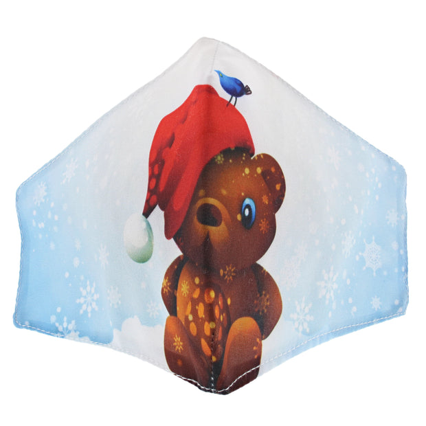 Teddy Bear with Red Hat & Snow Flakes Cotton Face Mask