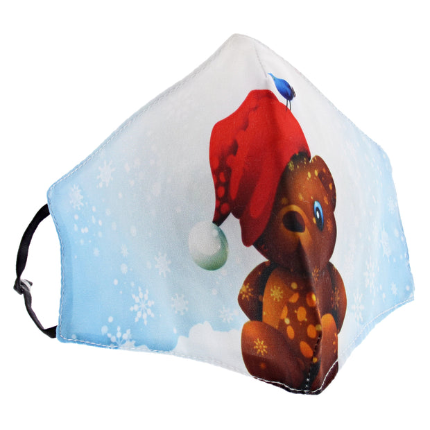 Teddy Bear with Red Hat & Snow Flakes Cotton Face Mask